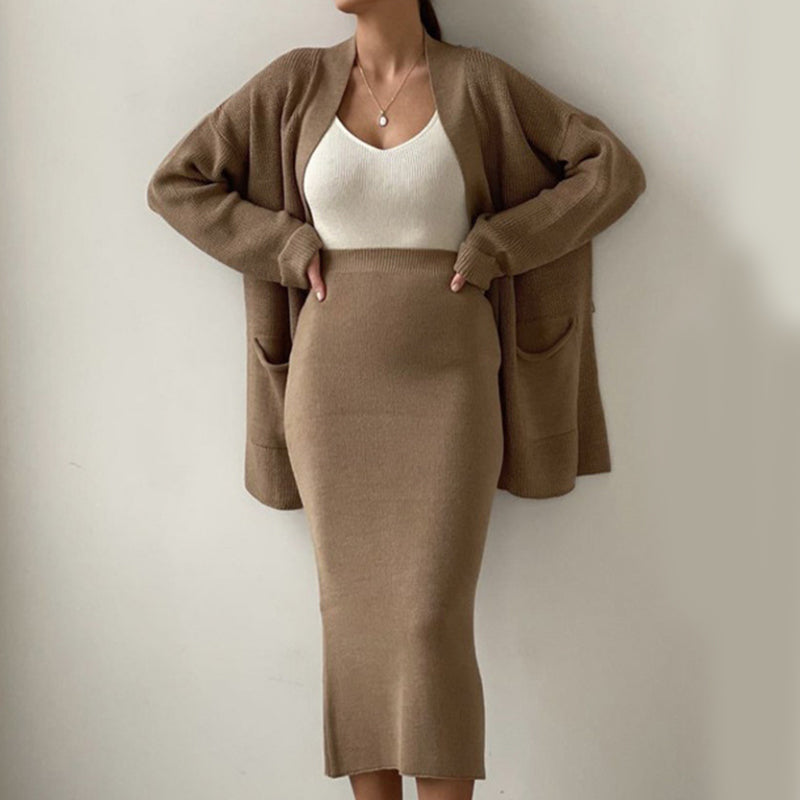 Women's Casual Knit Cardigan Sweater & High Waist Skirt 2-Piece Set