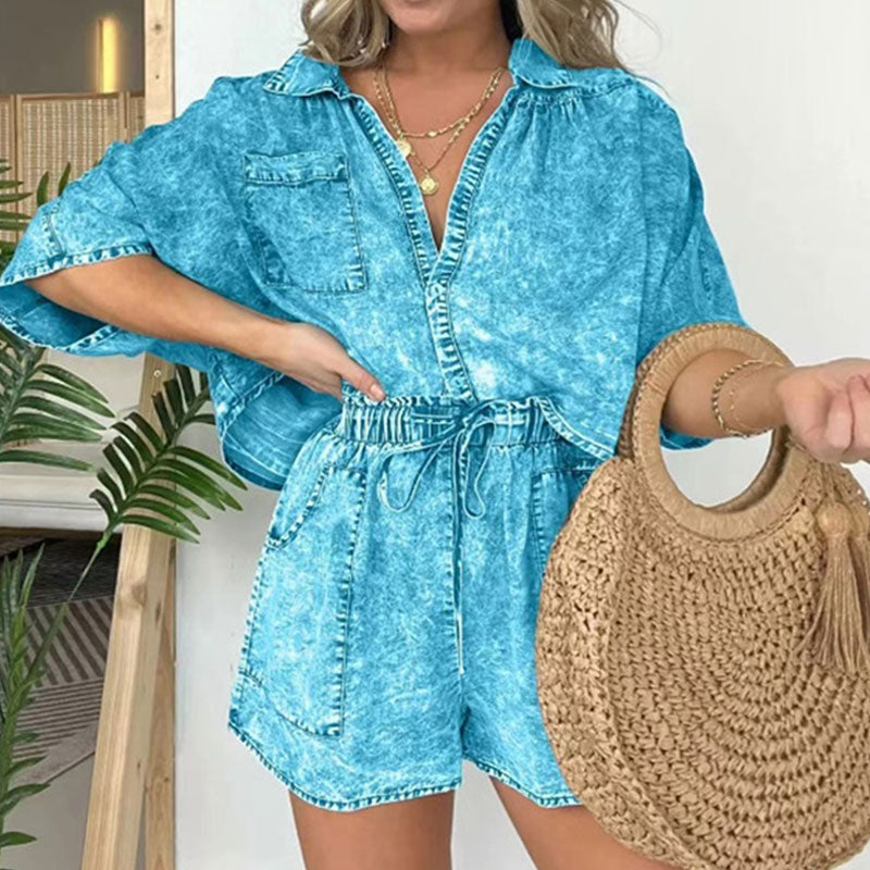 Women's Summer Denim Shirt Two Piece Set