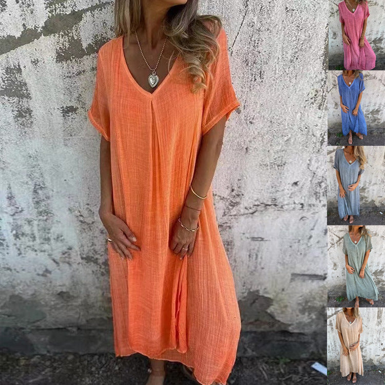 🔥Women's Loose V-neck Cotton Linen Dress