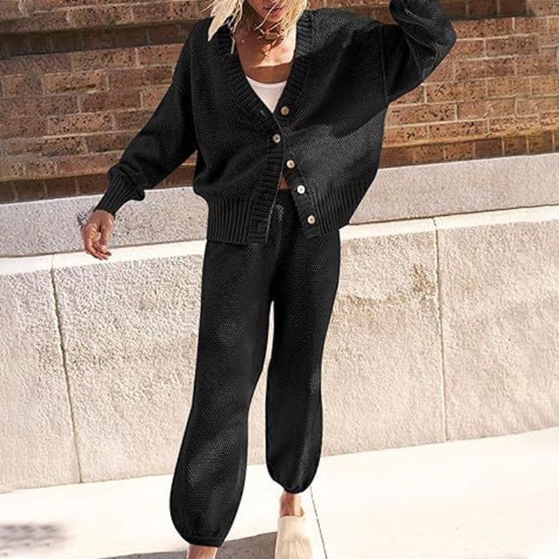 Women's Casual 2-piece Outfits Oversized Knit Cardigan and High-waist Baggy Pants