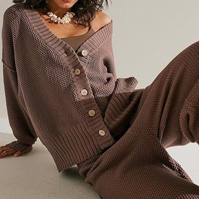 Women's Casual 2-piece Outfits Oversized Knit Cardigan and High-waist Baggy Pants