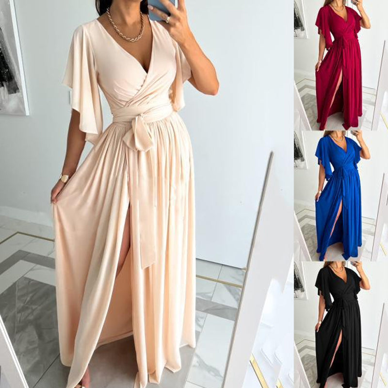 Women's Ruffle Sleeve Surplice Neck High Split Dress With Belt