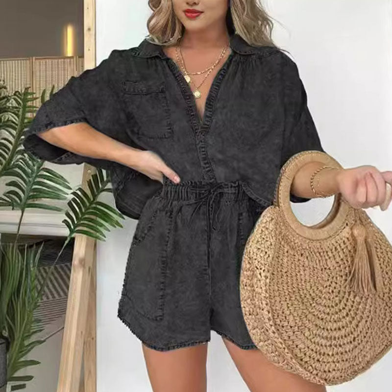 Women's Summer Denim Shirt Two Piece Set