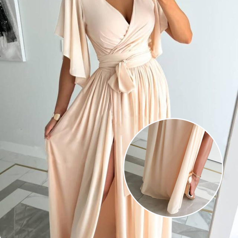 Women's Ruffle Sleeve Surplice Neck High Split Dress With Belt