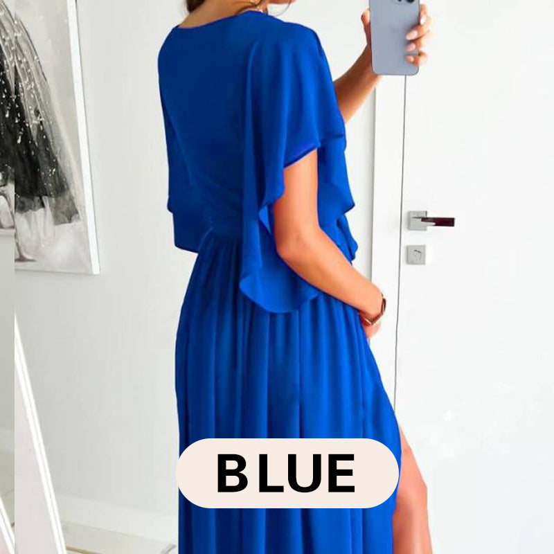Women's Ruffle Sleeve Surplice Neck High Split Dress With Belt