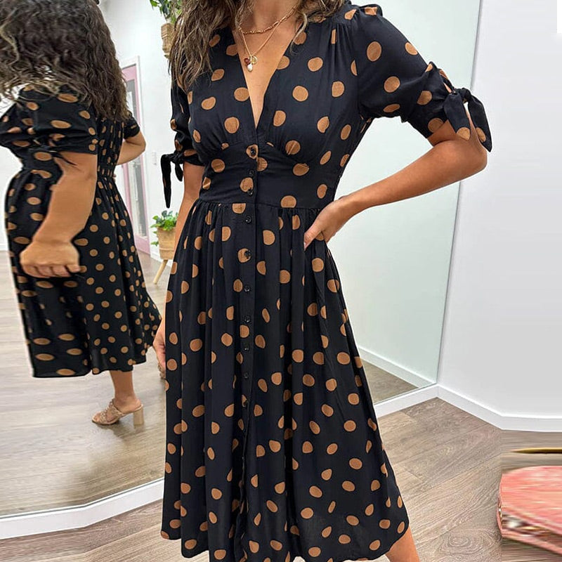 Women's Summer Deep V-Neck Polka Dot Elegant Dresses