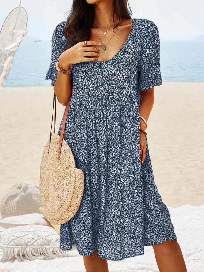 Women Floral Printed Round Neck Loose Midi Dress