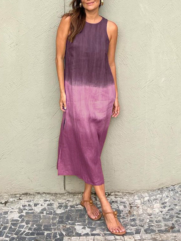Women's Casual Cotton And Linen Sleeveless Slit Gradient Tie-dye Long Dress
