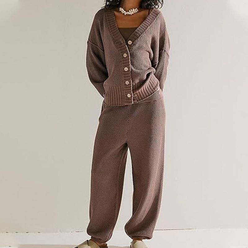 Women's Casual 2-piece Outfits Oversized Knit Cardigan and High-waist Baggy Pants