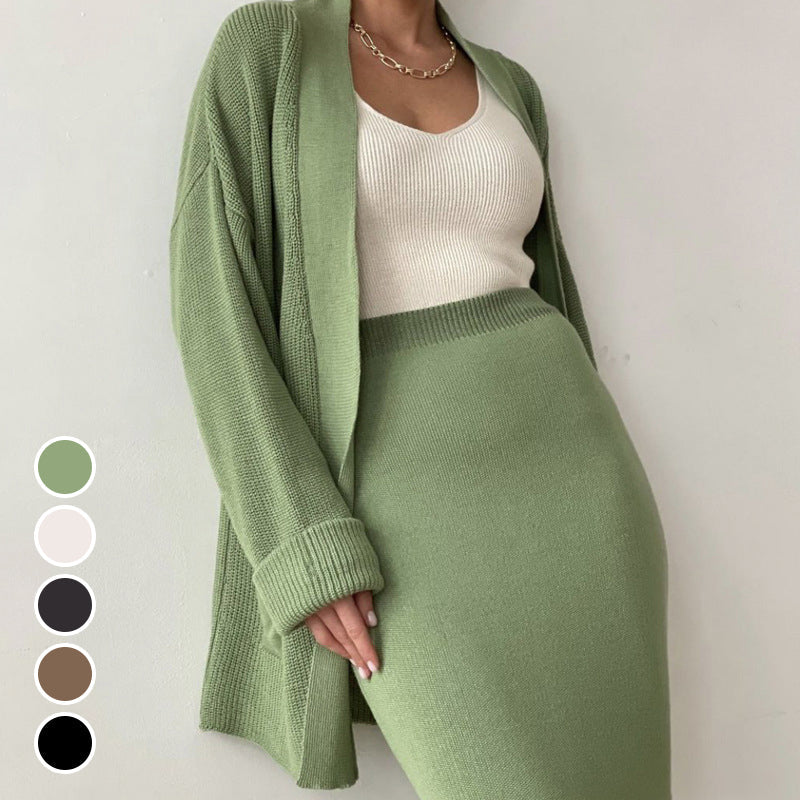Women's Casual Knit Cardigan Sweater & High Waist Skirt 2-Piece Set