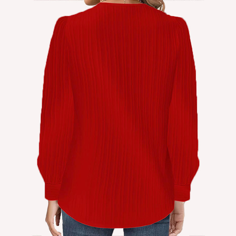 Solid Color Raglan Neck Pleated Long Sleeve Women's Top