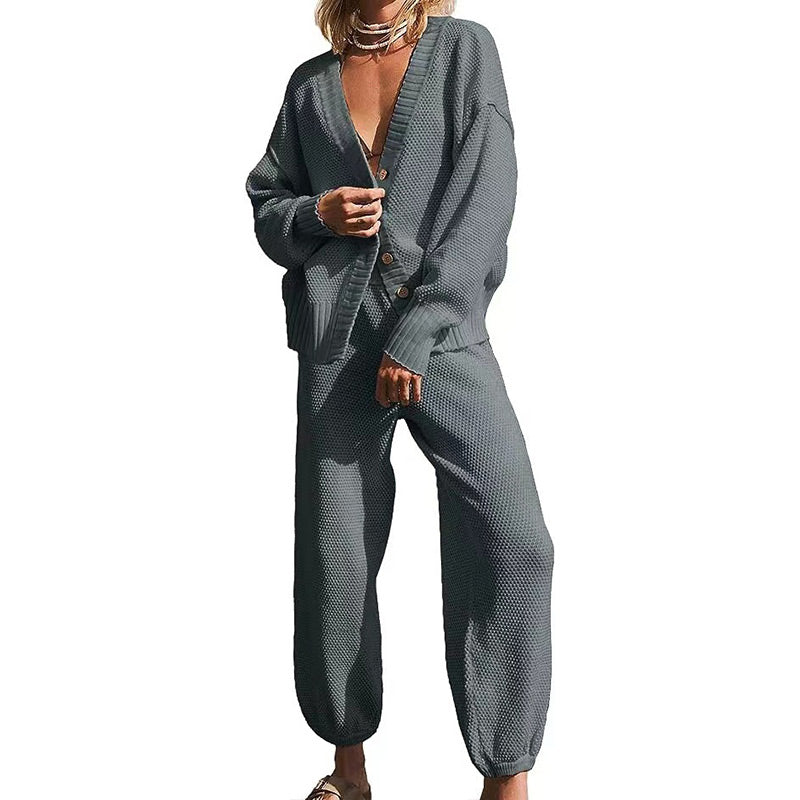 Women's Casual 2-piece Outfits Oversized Knit Cardigan and High-waist Baggy Pants