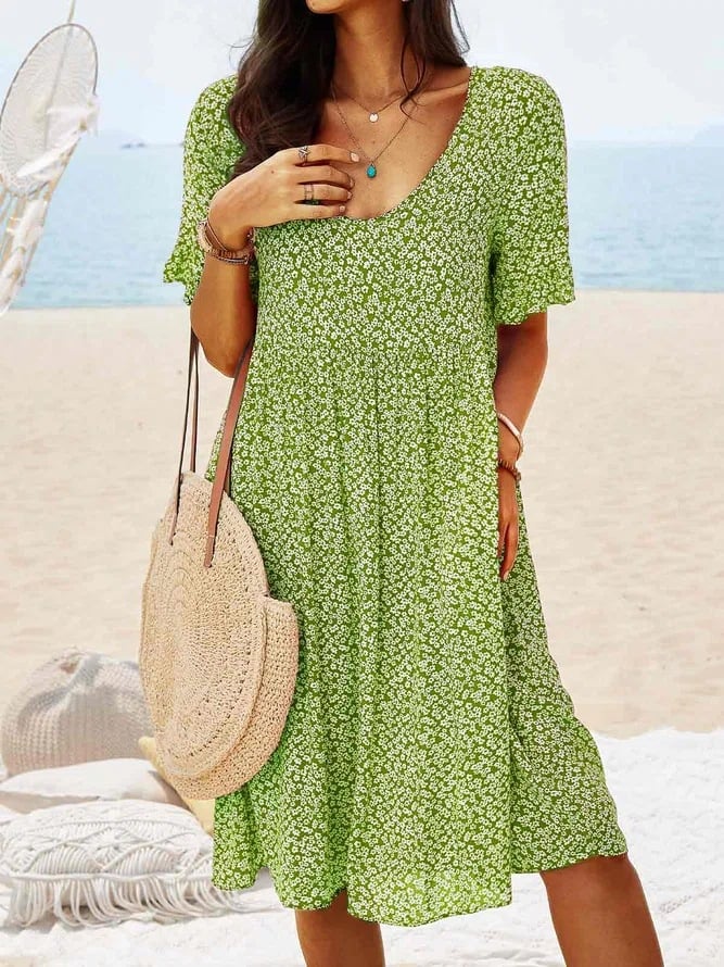 Women Floral Printed Round Neck Loose Midi Dress