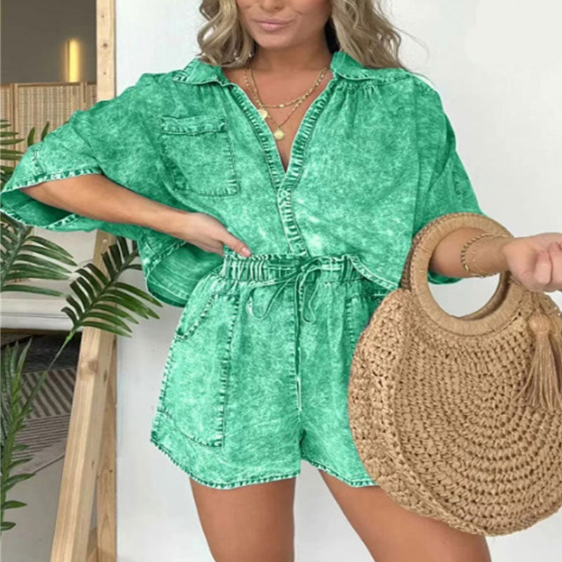 Women's Summer Denim Shirt Two Piece Set