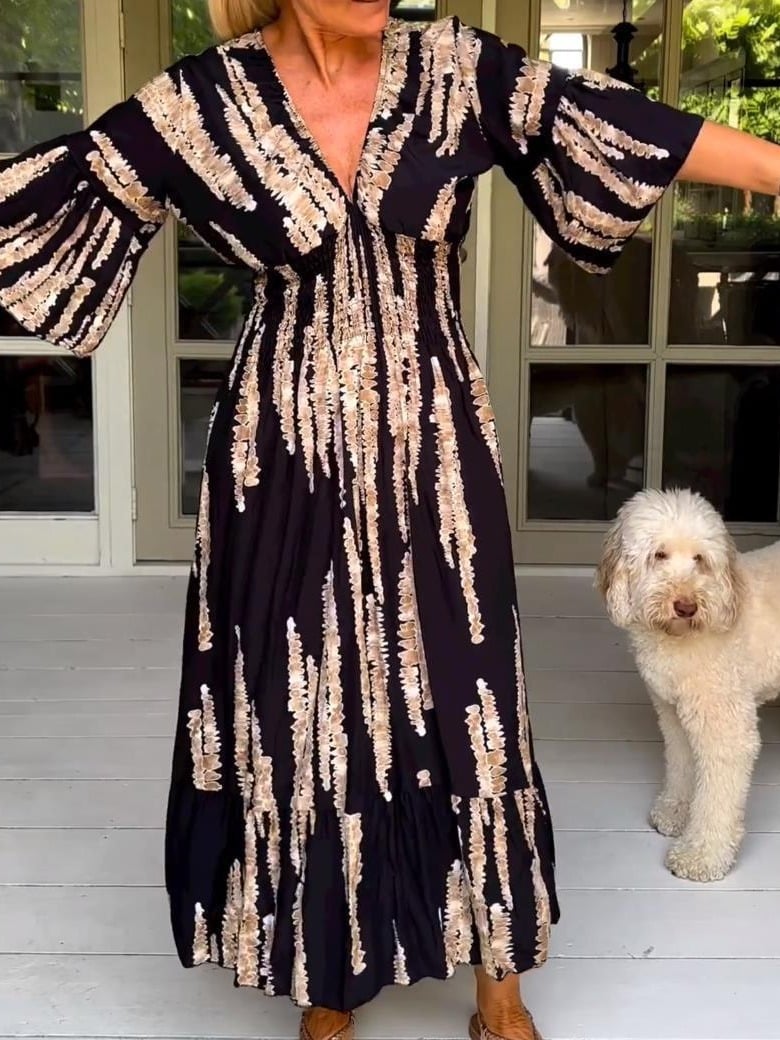 Mother's Day Hot Sale 🔥Casual Print V-Neck Waist Wrap Long Dress