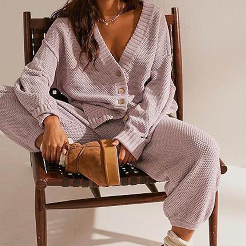 Women's Casual 2-piece Outfits Oversized Knit Cardigan and High-waist Baggy Pants