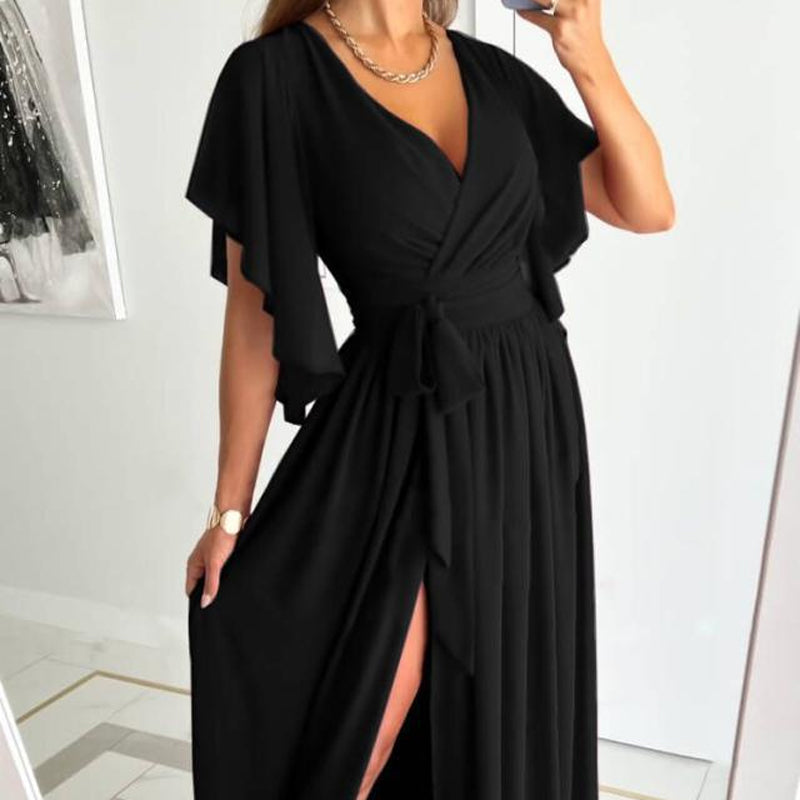 Women's Ruffle Sleeve Surplice Neck High Split Dress With Belt