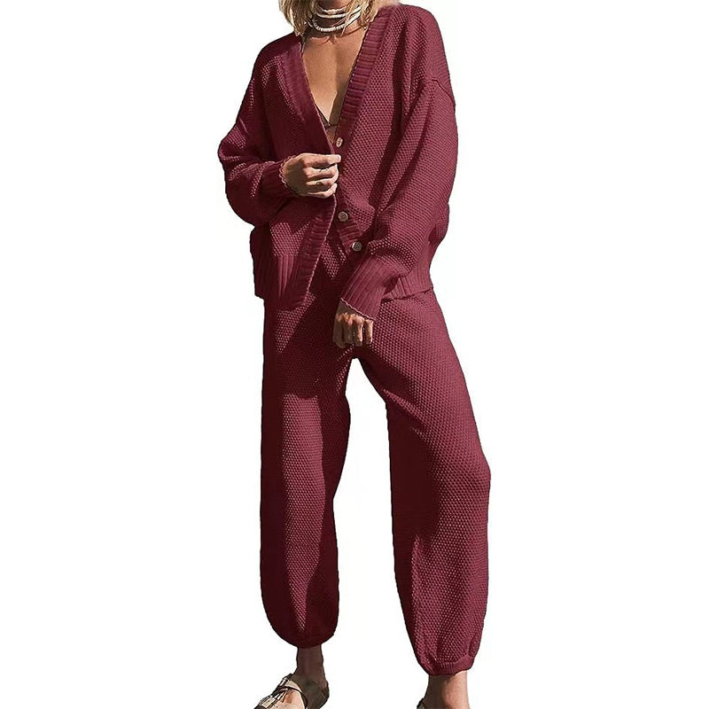 Women's Casual 2-piece Outfits Oversized Knit Cardigan and High-waist Baggy Pants