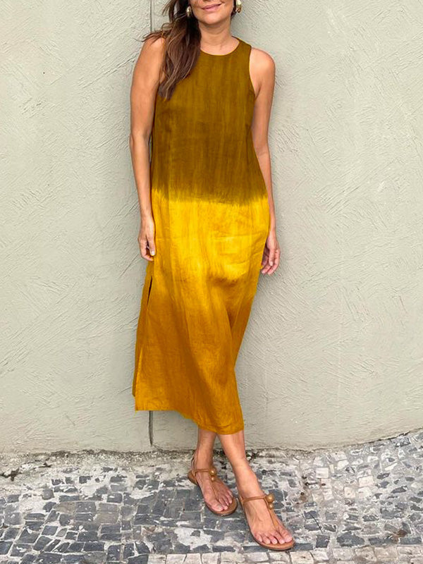 Women's Casual Cotton And Linen Sleeveless Slit Gradient Tie-dye Long Dress