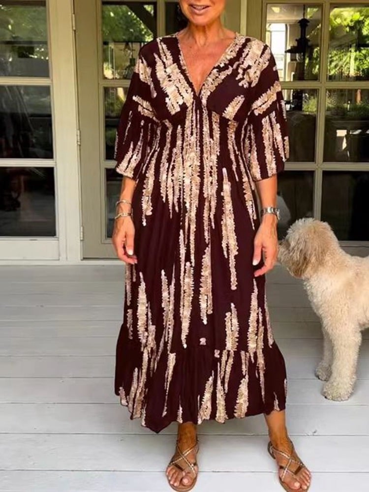 Mother's Day Hot Sale 🔥Casual Print V-Neck Waist Wrap Long Dress
