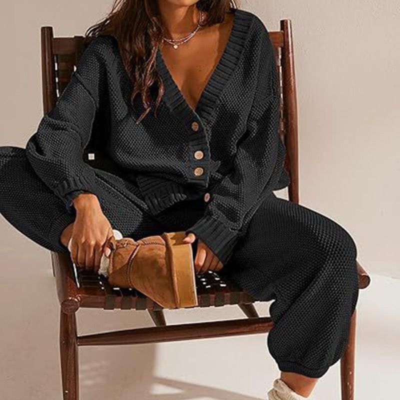 Women's Casual 2-piece Outfits Oversized Knit Cardigan and High-waist Baggy Pants