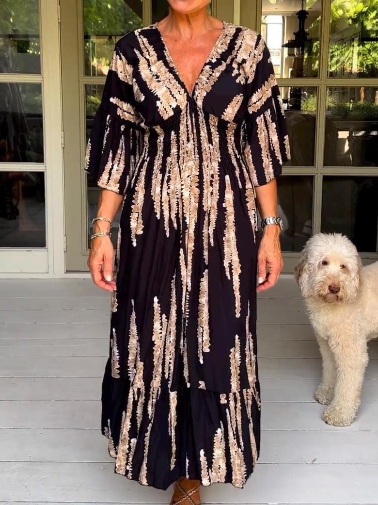 Mother's Day Hot Sale 🔥Casual Print V-Neck Waist Wrap Long Dress