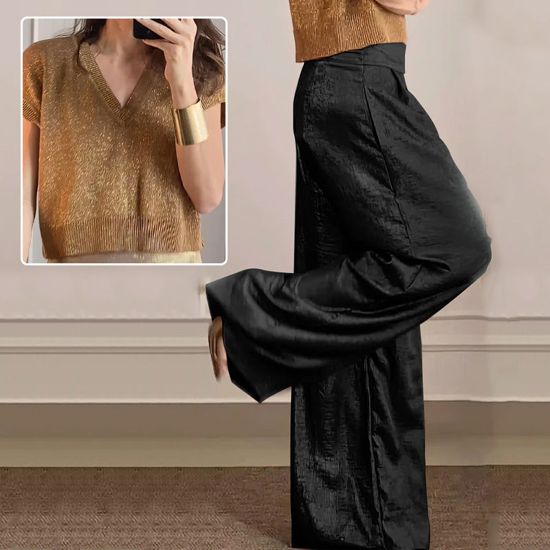 Women's Casual Short-Sleeve Top & Wide-Leg Pants Two-Piece Suit