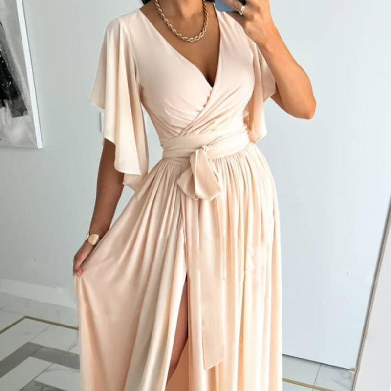Women's Ruffle Sleeve Surplice Neck High Split Dress With Belt