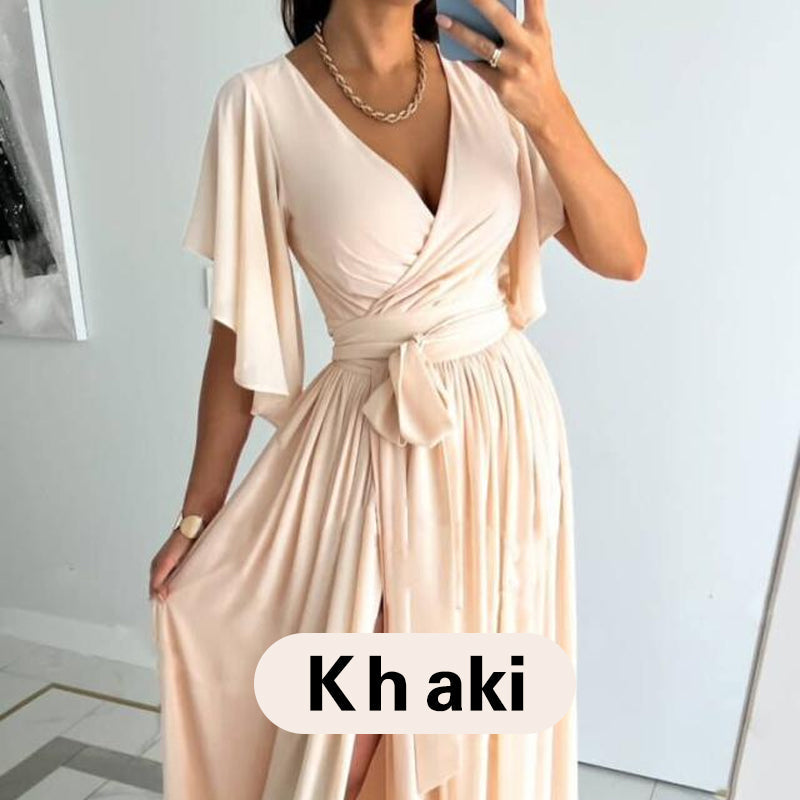 Women's Ruffle Sleeve Surplice Neck High Split Dress With Belt