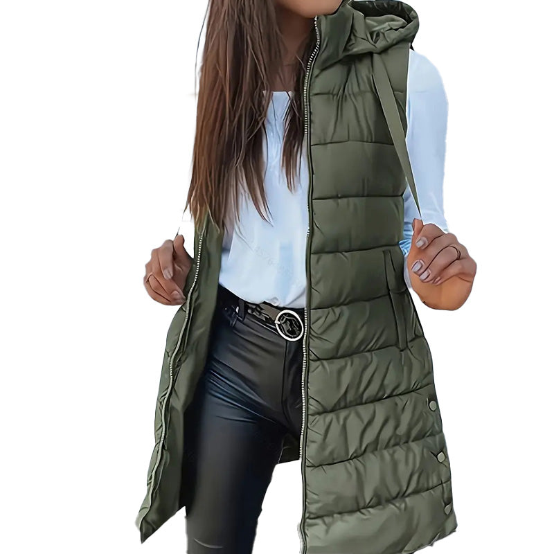 Women’s Zip-Up Long Puffer Vest👗 | Solid Color | Sleeveless | Hooded | Winter Wear 💕