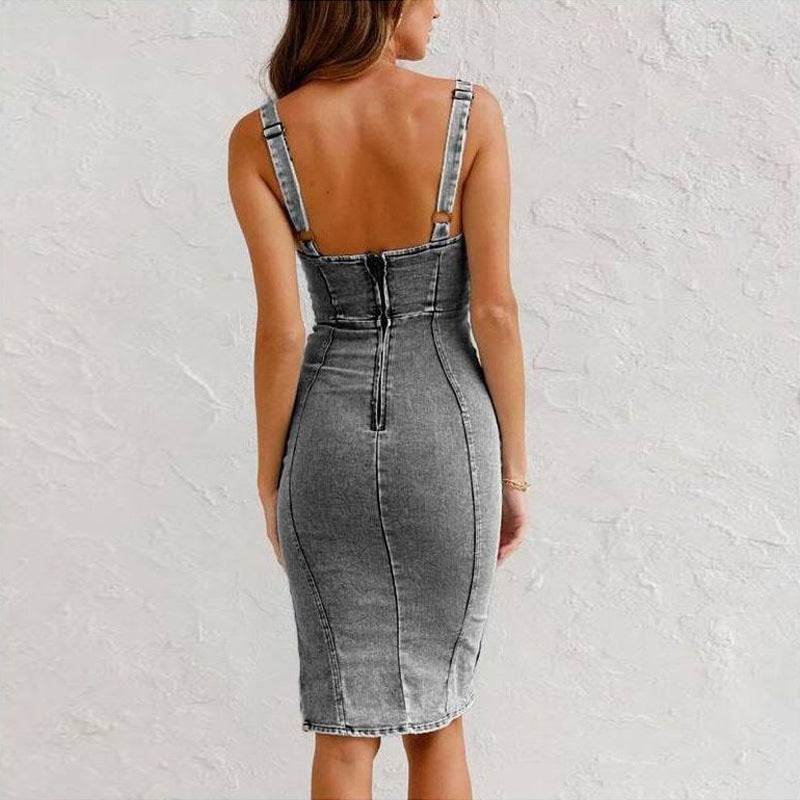 🍹🌤️Women's U-Neck Denim Bodycon Cami Dress