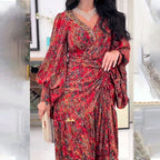 🔥🌷V-neck Dress With Biscuit Sleeves And Print💃