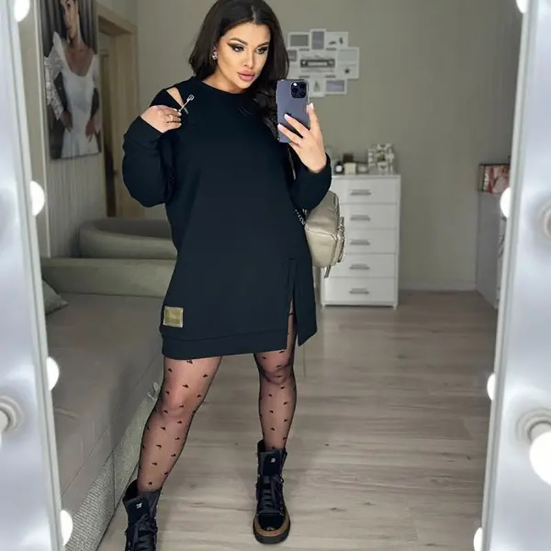 🍂Stylish Round-Neck Side-Slit Long-Sleeve Loose Midi Dress ✨