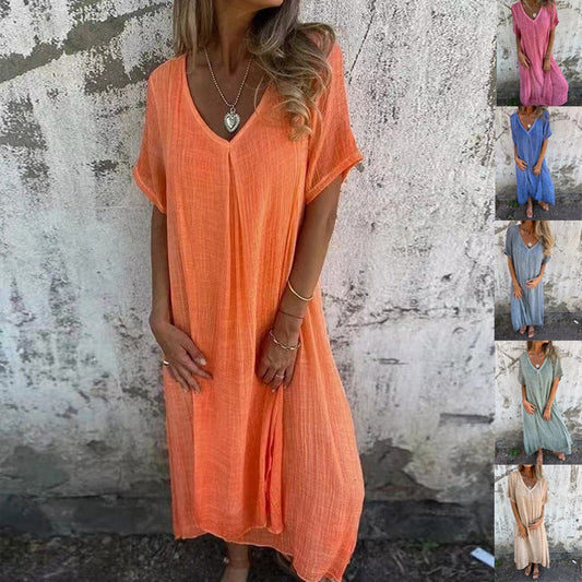🔥Women's Loose V-neck Cotton Linen Dress