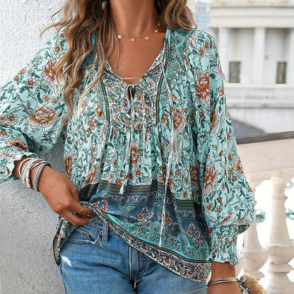 💖Women's Fashion Printed v-Neck Long Sleeve Shirt