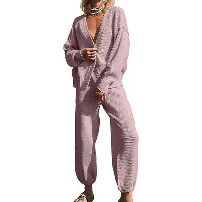 Women's Casual 2-piece Outfits Oversized Knit Cardigan and High-waist Baggy Pants