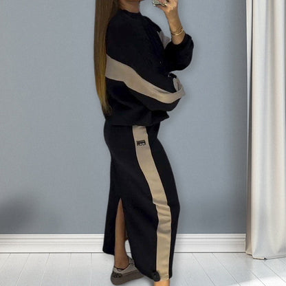 ✨Loose Colorblocking Long Sleeve Top & Split Skirt Set