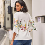 Women's Floral Button V-Neck Pleated 3/4 Sleeve T-Shirt