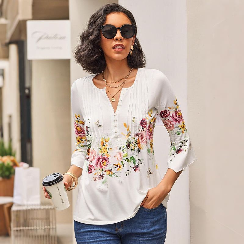 Women's Floral Button V-Neck Pleated 3/4 Sleeve T-Shirt