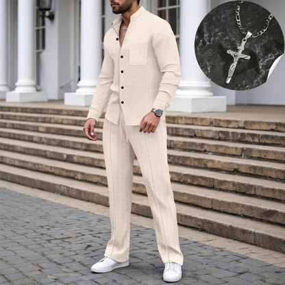 ⏳Time-Limited Special⏰Men’s Casual Waffle Shirt Pants 2-Piece Set