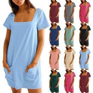 👗Women's Casual Square Neck Pocket Short Sleeve Dress with Pockets💕