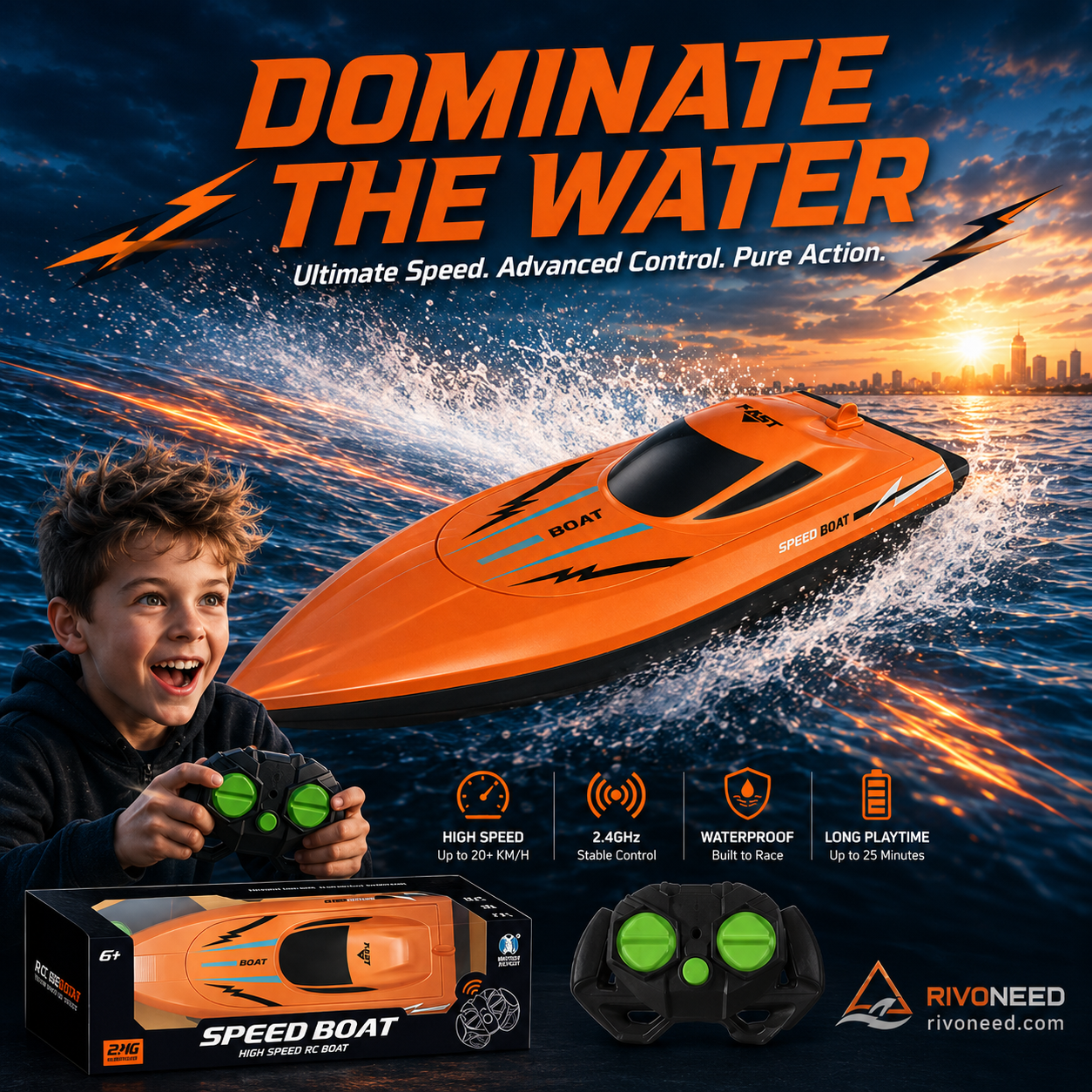 Dual‑Motor RC Boat – Twin engines, 2.4GHz control, waterproof & impact‑resistant. Slice through waves at insane speed! 🌊🚤