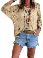 ✨Womens Bohemian-Inspired Beige Crochet Top with V-Neck