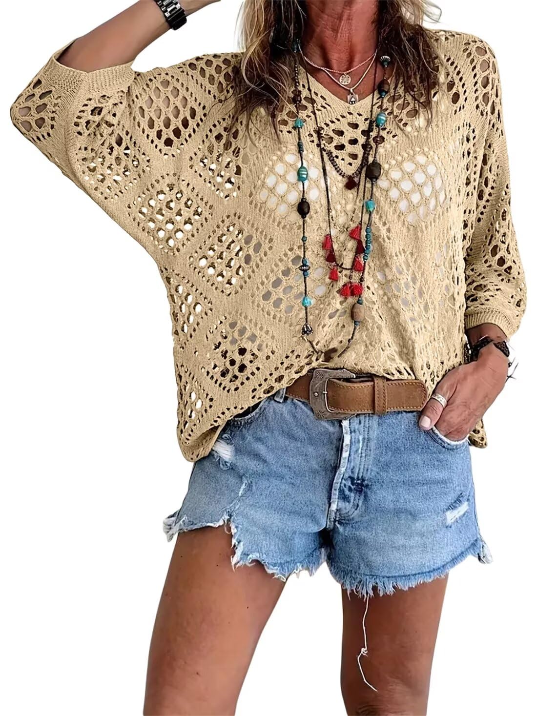 ✨Womens Bohemian-Inspired Beige Crochet Top with V-Neck