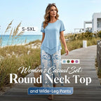 🔥Casual Round Neck Layered Tunic Top and Wide Leg Pants Set
