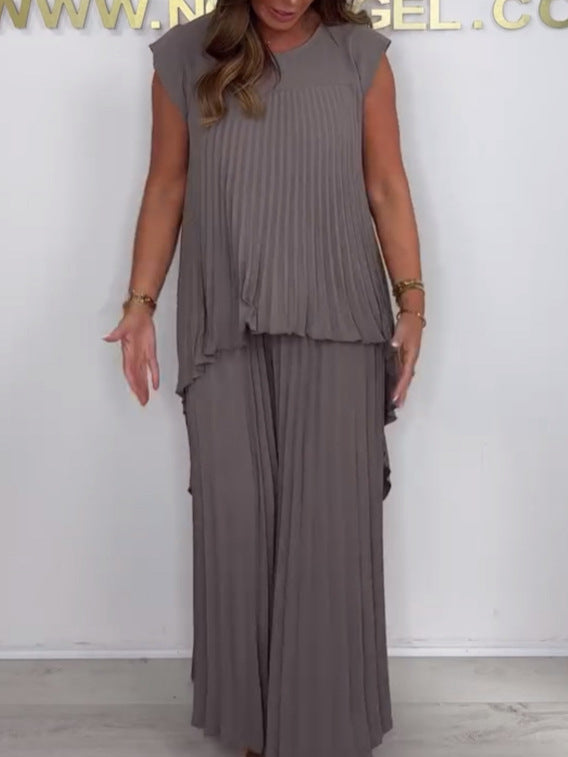 🔥Laney Pleated Short Sleeve Irregular Midi Top and Elastic Waist Wide Leg Pants Set