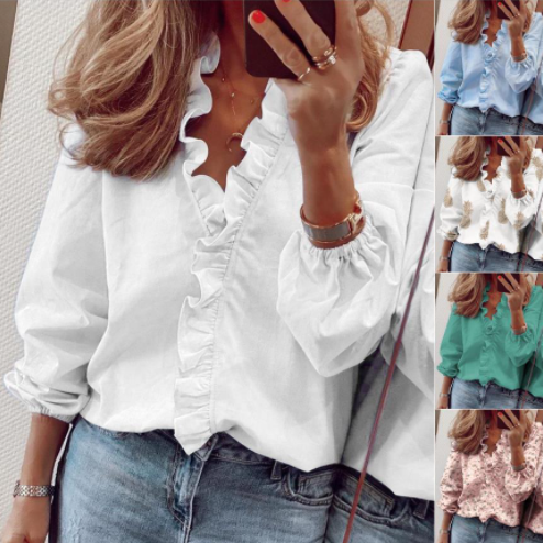 👚 Women's Ruffled Lantern Sleeve Shirt – Sweet, Loose Fit & Versatile (S–XL) 🍃