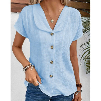 Women's Solid Color Button Down Lapel Short Sleeve Top
