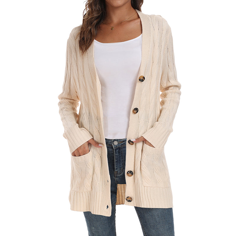 Women's Fall Casual Long Sleeve Button Down Open Front Cable Knit Cardigan Sweater Coat