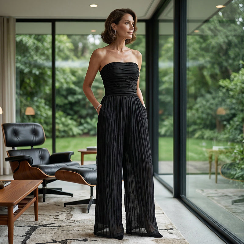Strapless Crinkle Wide-Leg Jumpsuit